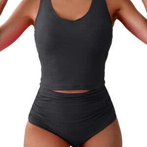 Black Two Piece Tankini Bathing Suit - Elegant Cutout Back & Tummy Control